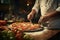 Generative AI Image of Chef Hands Making Pizza with Tomato Topping in the Kitchen