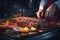 Generative AI Image of Chef Hands Preparing Delicious Grilled Meat Dish in Restaurant Kitchen