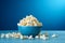 Generative AI Image of Crunchy Popcorn Snack in a Bowl on Blue Background