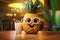 Generative AI Image of Cute Pineapple Fruit Character with Drink on Wooden Table