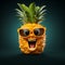 Generative AI Image of Cute Pineapple Fruit Character Wearing Stylish Glasses on Dark Background