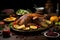 Generative AI Image of Dinner Dishes with Roasted Turkey on Wooden Table for Thanksgiving Celebration