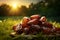 Generative AI Image of Dried Dates Fruit in Field with Nature View at Sunrise