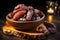 Generative AI Image of Dried Dates in Wooden Bowl with Burning Candle Decoration