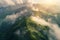 Generative AI Image of Drone View of Foggy Green Mountains Peak in the Morning