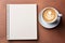 Generative AI Image of Empty White Book with Coffee Drink on Brown Background