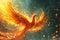 Generative AI Image of Fiery Phoenix Bird Flapping Wings Flying in Dark Sky