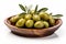 Generative AI Image of Fresh Green Olives Fruit on Wooden Plate