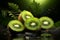 Generative AI Image of Fresh Kiwis Fruit Slices with Leaves on Dark Background