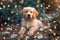 Generative AI image of a golden retriever puppy surrounded by butterflies