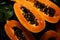Generative AI Image of Half of Fresh Papayas Fruit with Seeds on Dark Background