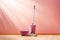 Generative AI Image of Home Cleaning Service with Broom and Bucket on Pink Wall Background