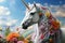 Generative AI Image of Horned White Unicorn with Colorful Hair in Flowering Garden