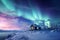 Generative AI Image of House in Winter with Aurora Borealis in Night Sky