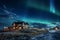 Generative AI Image of Housing Building in Winter with Aurora Borealis in Night Sky