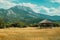 Generative AI Image of Hut in Wheat Pasture with Hill View in Bright Day