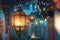 Generative AI Image of Islamic Lantern Hanging on the Roof of House Yard in the Evening