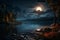 Generative AI Image of Lake Nature Landscape with Full Moon at Night