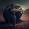 Generative AI image of little boy looking at destroyed globe