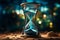 Generative AI Image of Magical Hourglass Timer with Blue Sand on Bokeh Lights Background