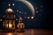 Generative AI Image of Mosque Islamic Lanterns with Burning Candle on Blue Background