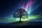 Generative AI Image of Oak Tree with Aurora Borealis and Stars in Night Sky