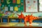 Generative AI Image of Origami Handcraft of Cute Dinosaur on a Desk in the Classroom
