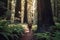 Generative Ai image of a person hiking though a redwood forest