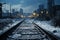 Generative AI Image of Railway Tracks with View of City Building During Snowfall at Night