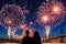 Generative AI Image of Silhouette of Couple Celebrating New Year with Fireworks Party in US