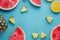 Generative AI Image of Slices of Watermelon Pineapple Fruit on Summer Blue Background