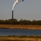 Generative AI image of a smoke stack and plume behind a row or trees cutting through a clear sky.