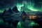 Generative AI Image of Snowy Mountains Scenery with Aurora Borealis in the Sky