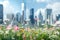 Generative AI Image of Spring Flowers in the Park with Cityscape in Bright Day