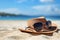 Generative AI Image of Sunglasses with Hat on White Sandy Beach