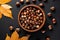 Generative AI Image of Top View of Hazelnuts in a Wooden Bowl on Black Background