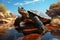 Generative AI image of Turtle Resting on the Rock Stone in River at Bright Day