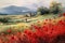 Generative AI image of Watercolor painting. Beautiful poppy field in countryside