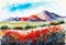 Generative AI image of Watercolor painting. Beautiful poppy field in countryside with trees