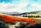 Generative AI image of Watercolor painting. Beautiful poppy field in countryside with trees