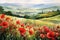 Generative AI image of Watercolor painting. Beautiful poppy field on hill in countryside with trees
