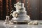 Generative AI Image of Wedding Anniversary Silver Cake with White Flowers Decoration