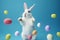 Generative Ai image of a white easter bunny with dyed eggs