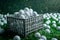 Generative AI Image of White Golf Balls in Basket with Green Grass in Field