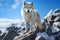 Generative AI Image of White Wolf Animal Standing on a Rock in Winter Season