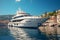 Generative AI Image of White Yacht Stopping at Harbor with Nature View on Sunny Day