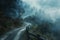 Generative AI Image of Winding Road in Extreme Area with Trees and Thick Fog