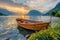 Generative AI Image of Wooden Boat on the Lake with Spring Flowers in the Morning