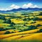 Generative AI, Japanese manga style painting of comfortable hilly fields under blue sky and white clouds