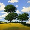Generative AI, Japanese manga style painting of comfortable hilly fields under blue sky and white clouds